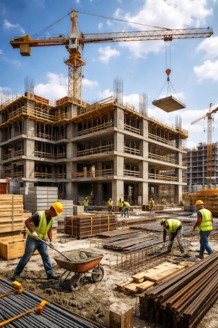 Profissionais em obra de construção civil — setor de construção atendido pela Luma